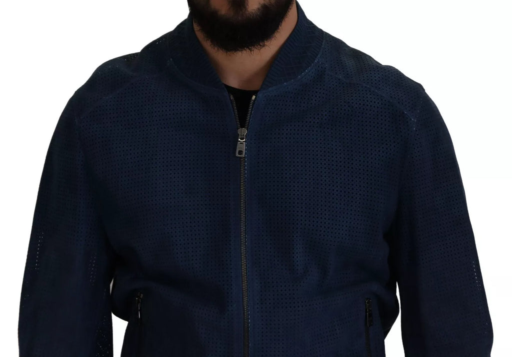 Blue Leather Perforated Full Zip Jacket