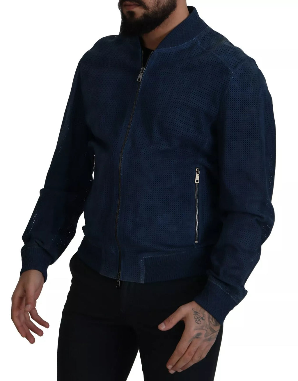 Blue Leather Perforated Full Zip Jacket