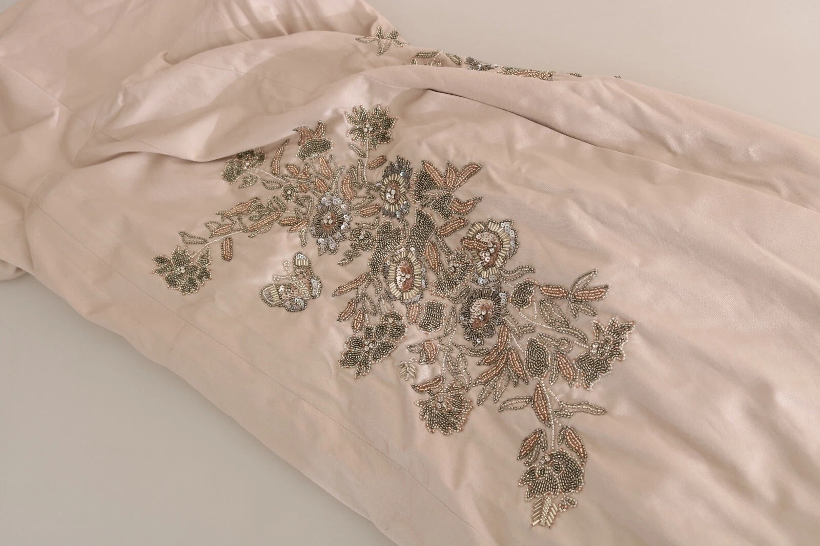 Beige Sequined Flower Flare Ball Gown Dress