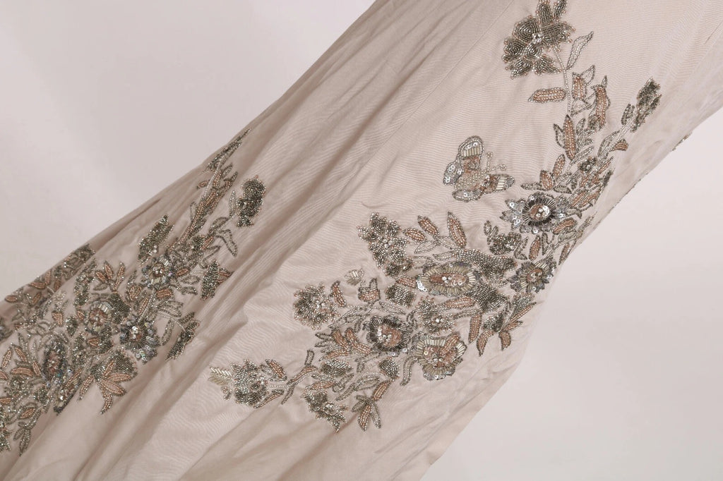 Beige Sequined Flower Flare Ball Gown Dress