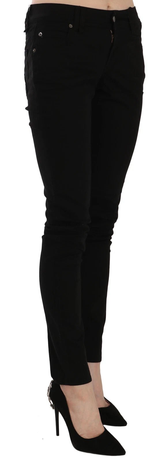 Black Mid Waist Slim Fit Skinny Denim Casual Pants Jeans