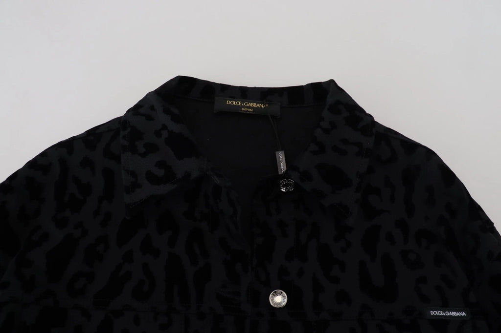 Cotton Black Leopard Long Sleeve Denim Jacket