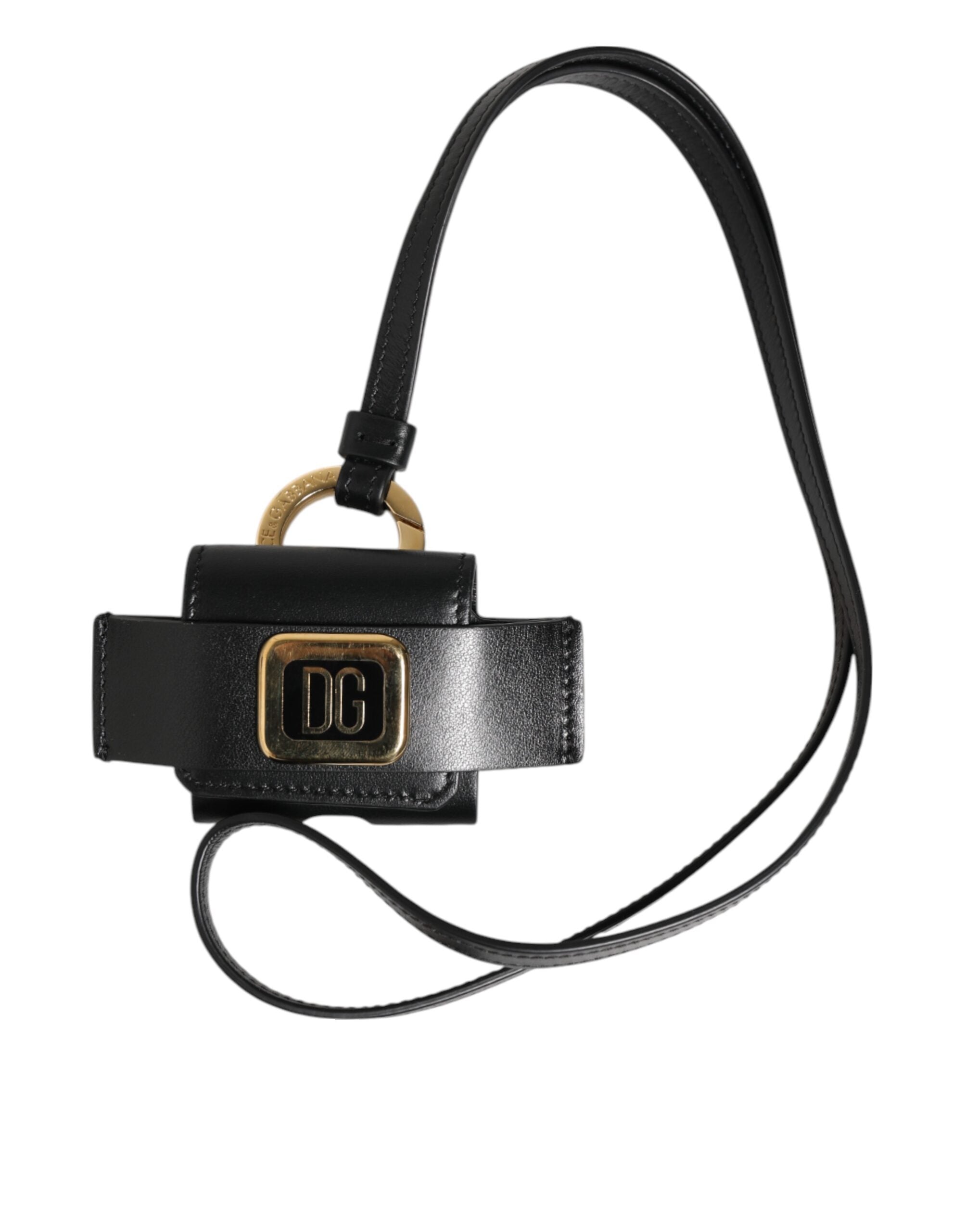 Black Leather Strap Gold Metal DG Logo Plaque Airpods Case