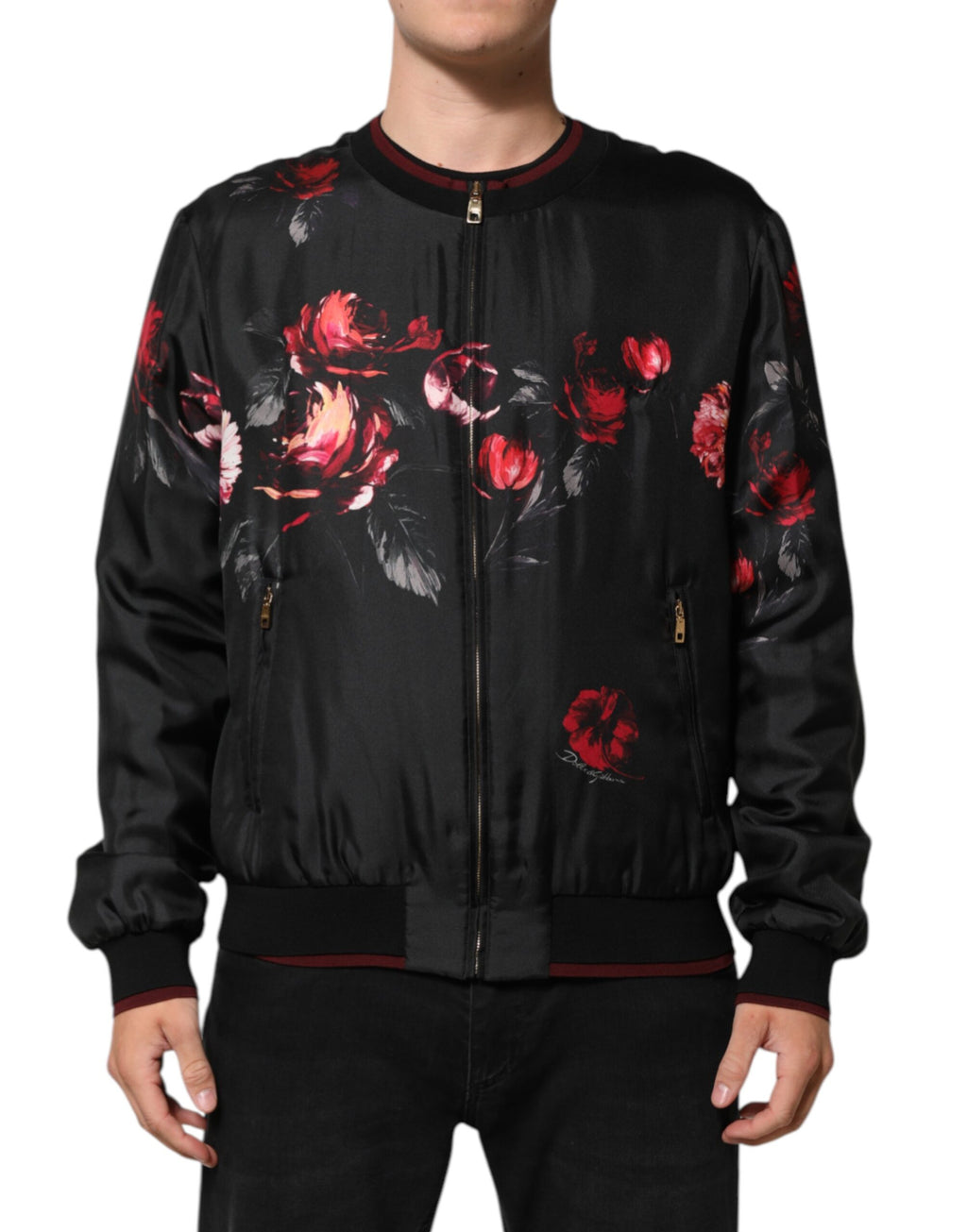 Black Red Floral Silk Bomber Blouson Jacket