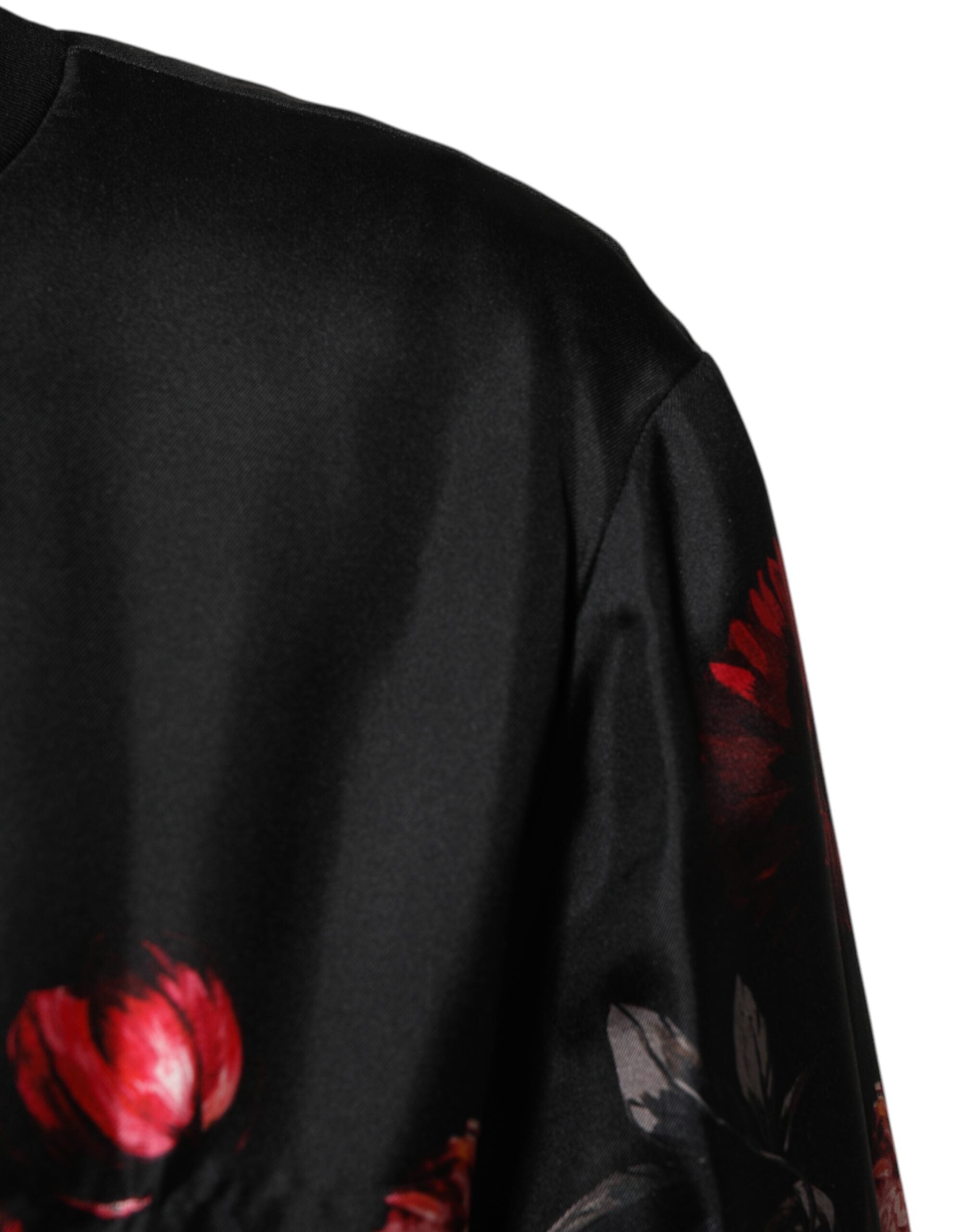 Black Red Floral Silk Bomber Blouson Jacket