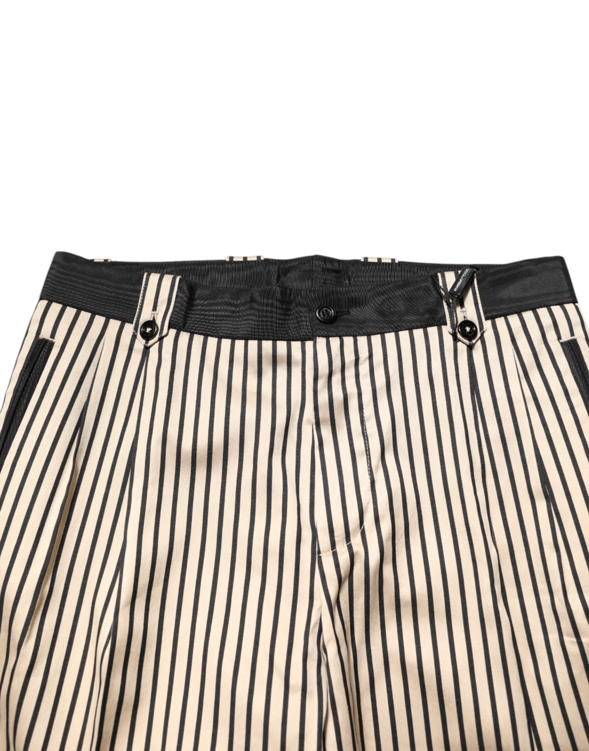 Beige Black Striped Cotton Slim Fit Trousers Pants
