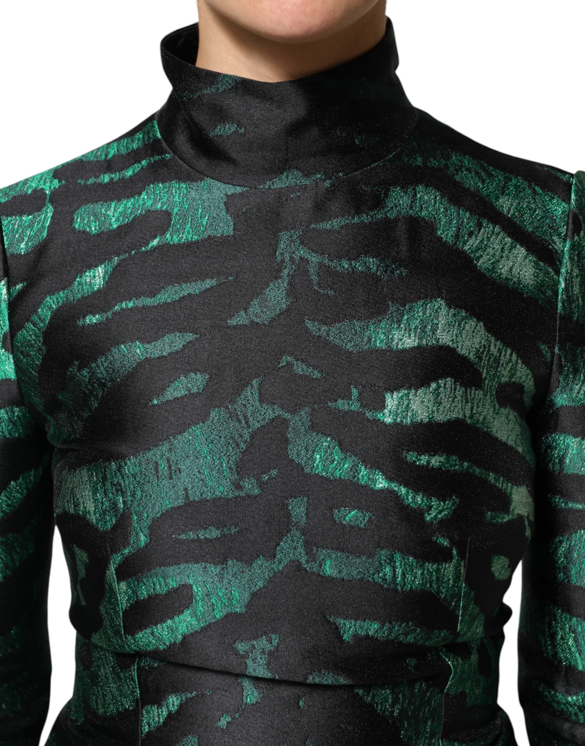 Black Green Metallic Jacquard Mini Long Dress