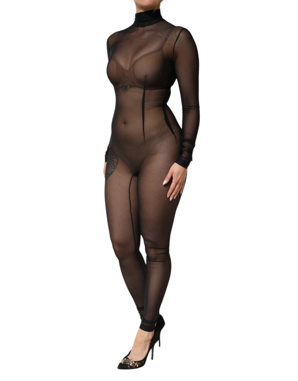Black Sheer Mesh Long Sleeve Jumpsuit Bodysuit Dress