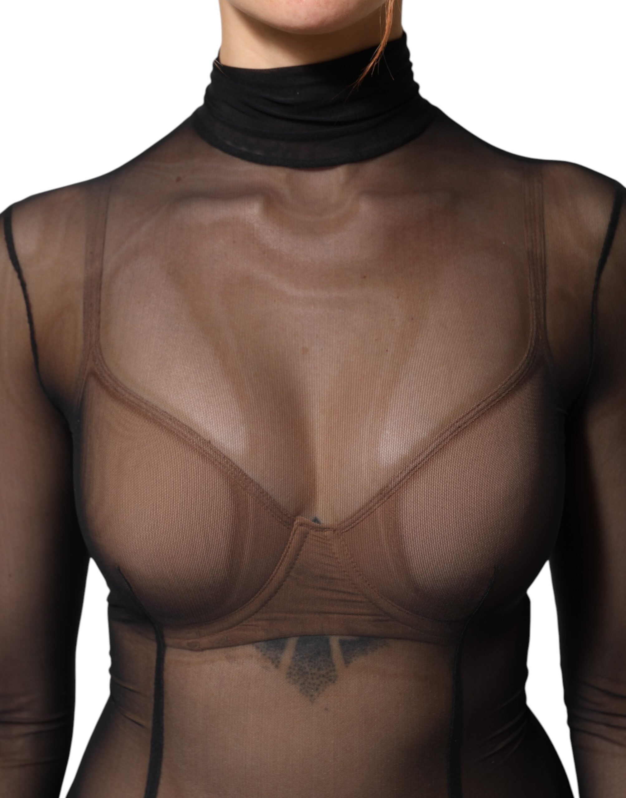 Black Sheer Mesh Long Sleeve Jumpsuit Bodysuit Dress