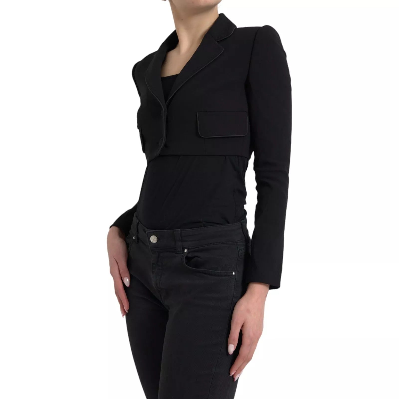 Black Wool Single Breasted Cropped Jacket