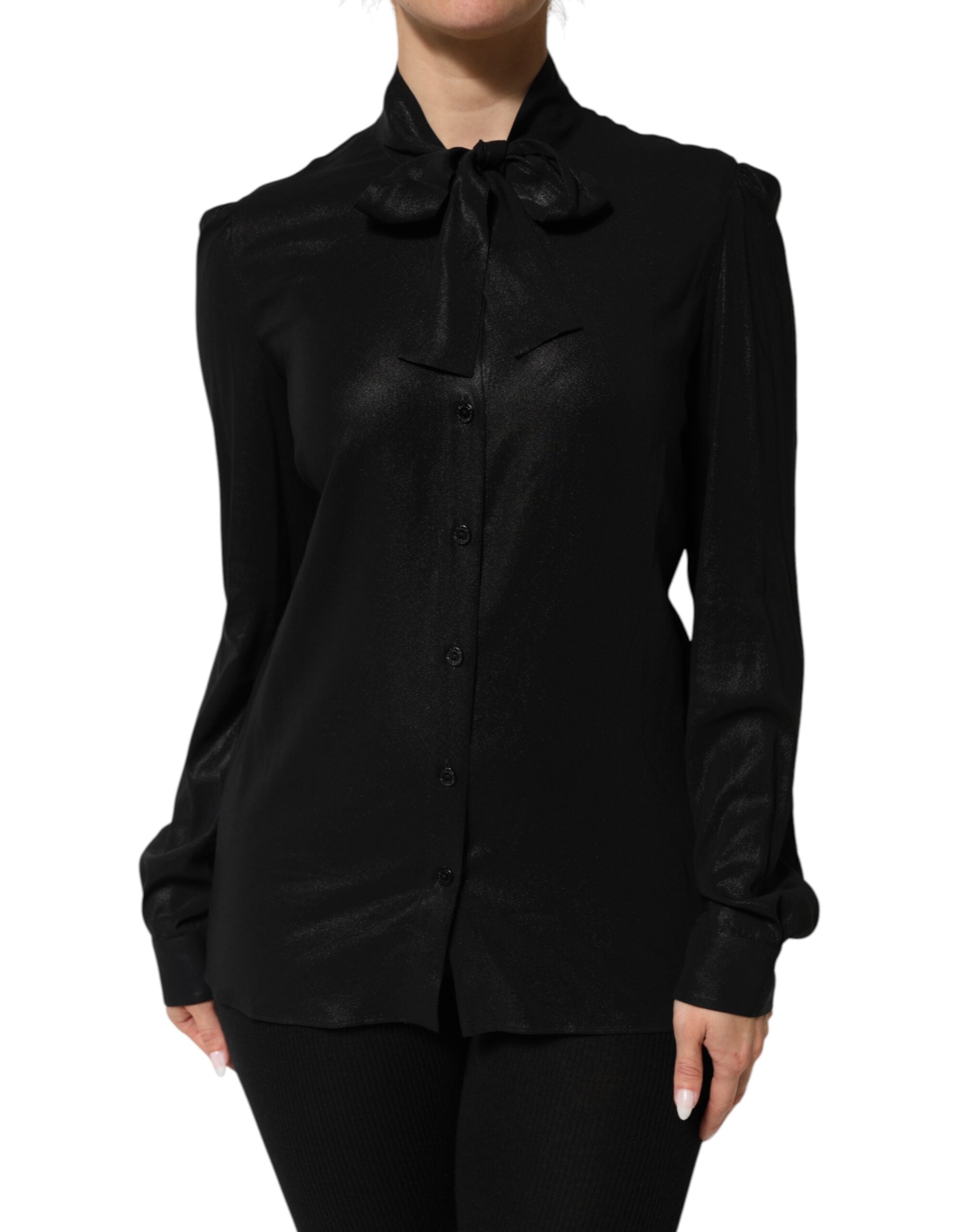 Black Viscose Long Sleeve Tie Neck Blouse Top