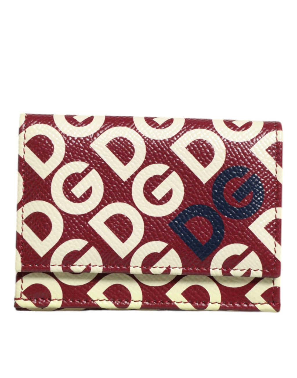 Burgundy Logo Print Calf Leather French Flap Card Holder Wallet