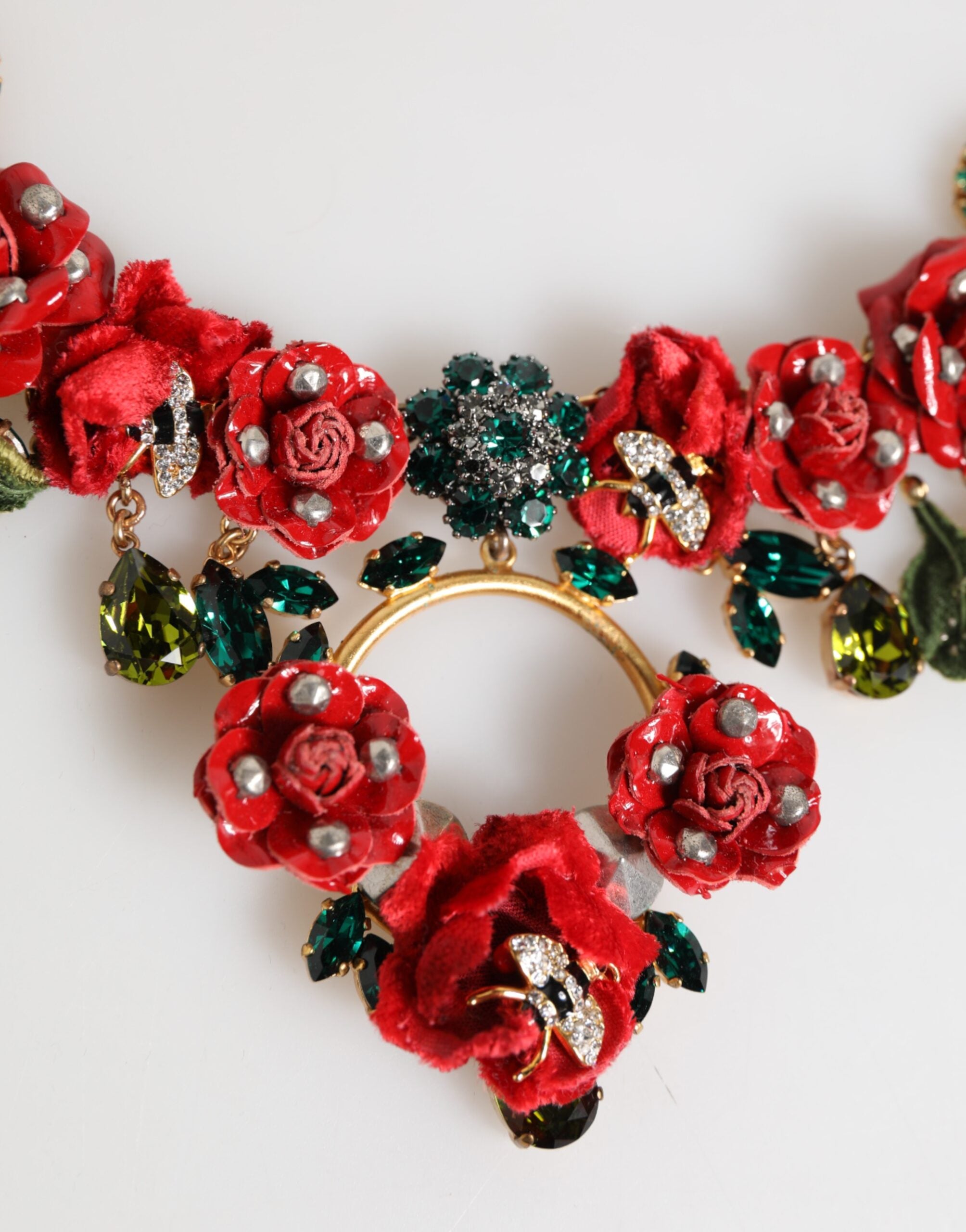 Red Rose Floral Crystal Embellished Statement Jewelry Necklace