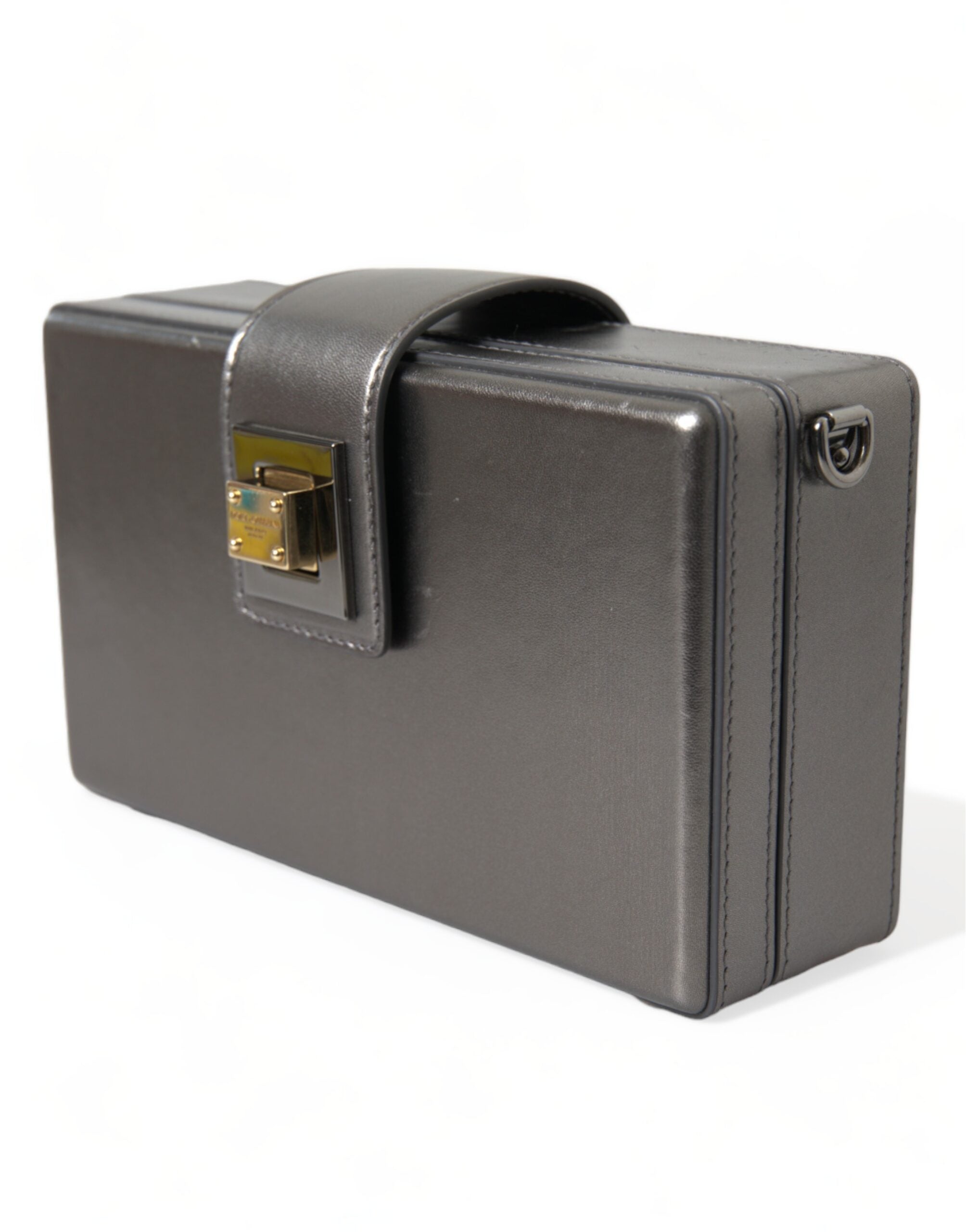 Steel Gray Leather Box Shape Shoulder Gold DG Logo Plaque Bag