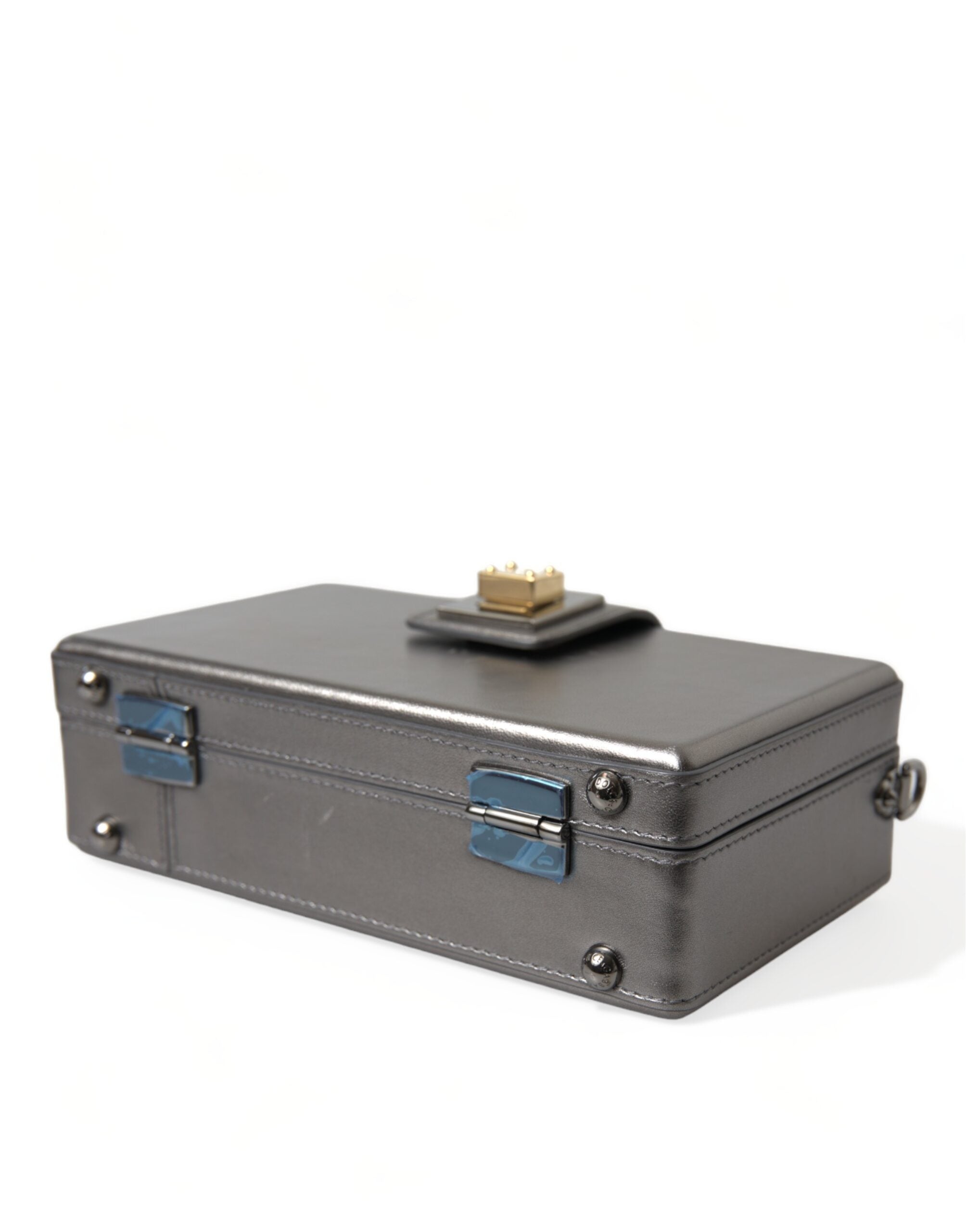 Steel Gray Leather Box Shape Shoulder Gold DG Logo Plaque Bag