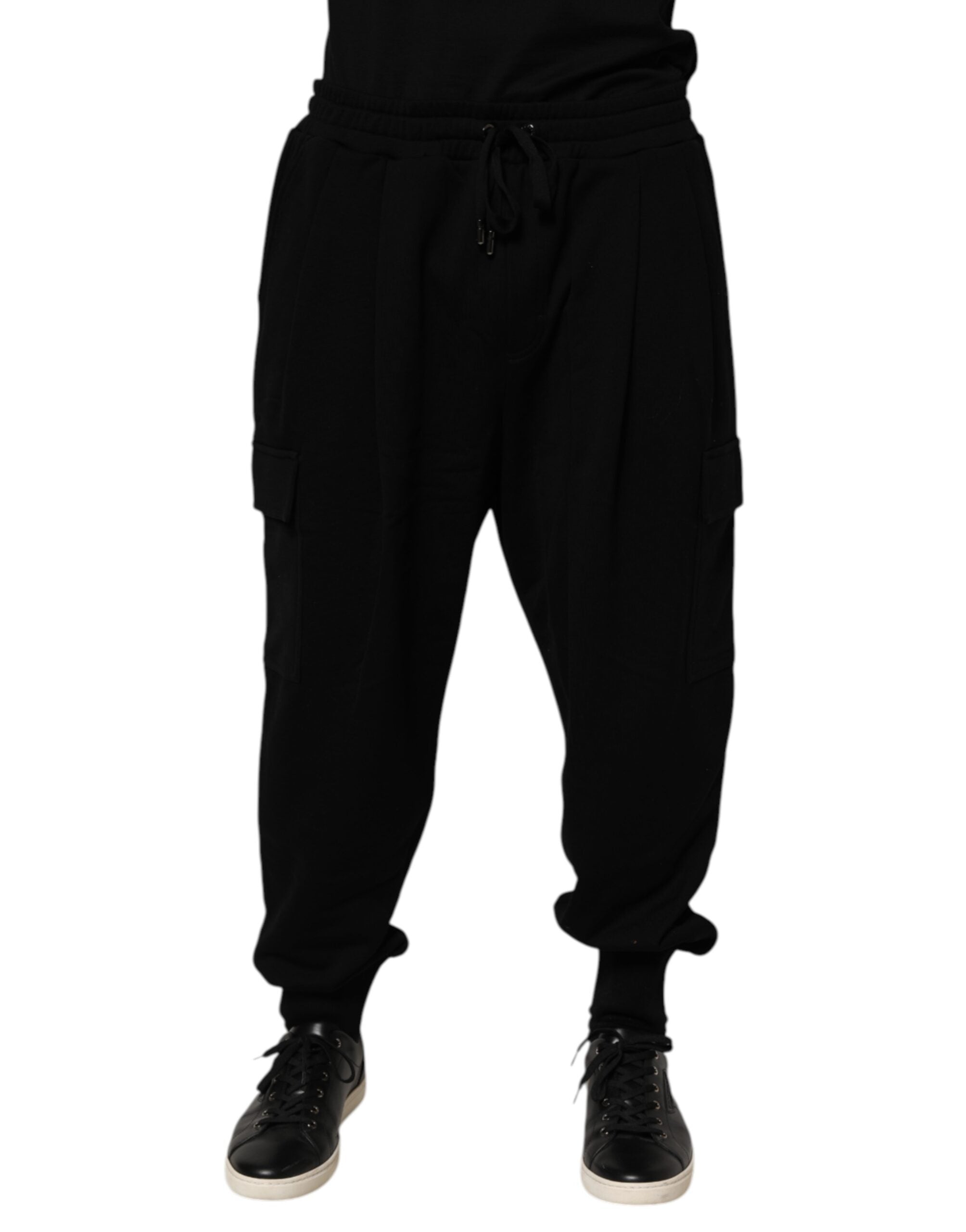 Black Cotton Blend Cargo Joggers Drawstring Pants