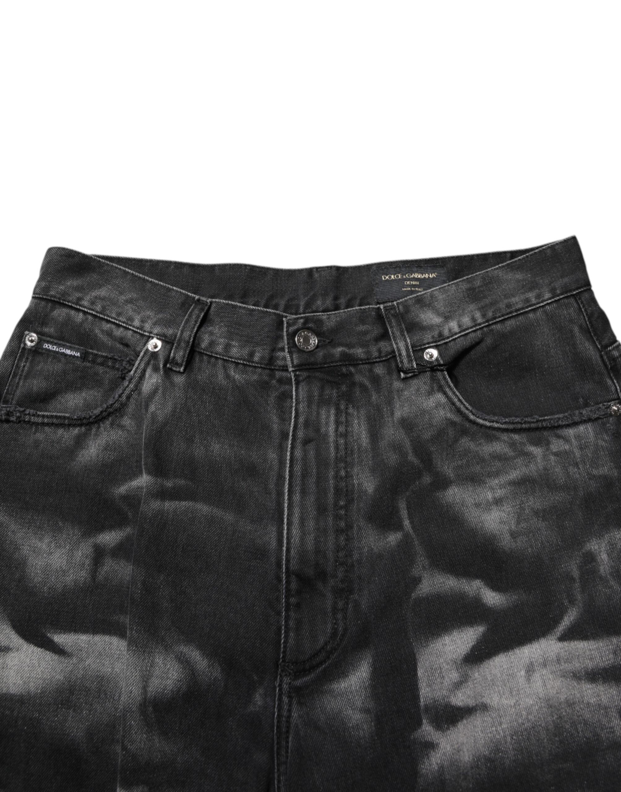 Black Marbled Effect Straight Men Denim Jeans