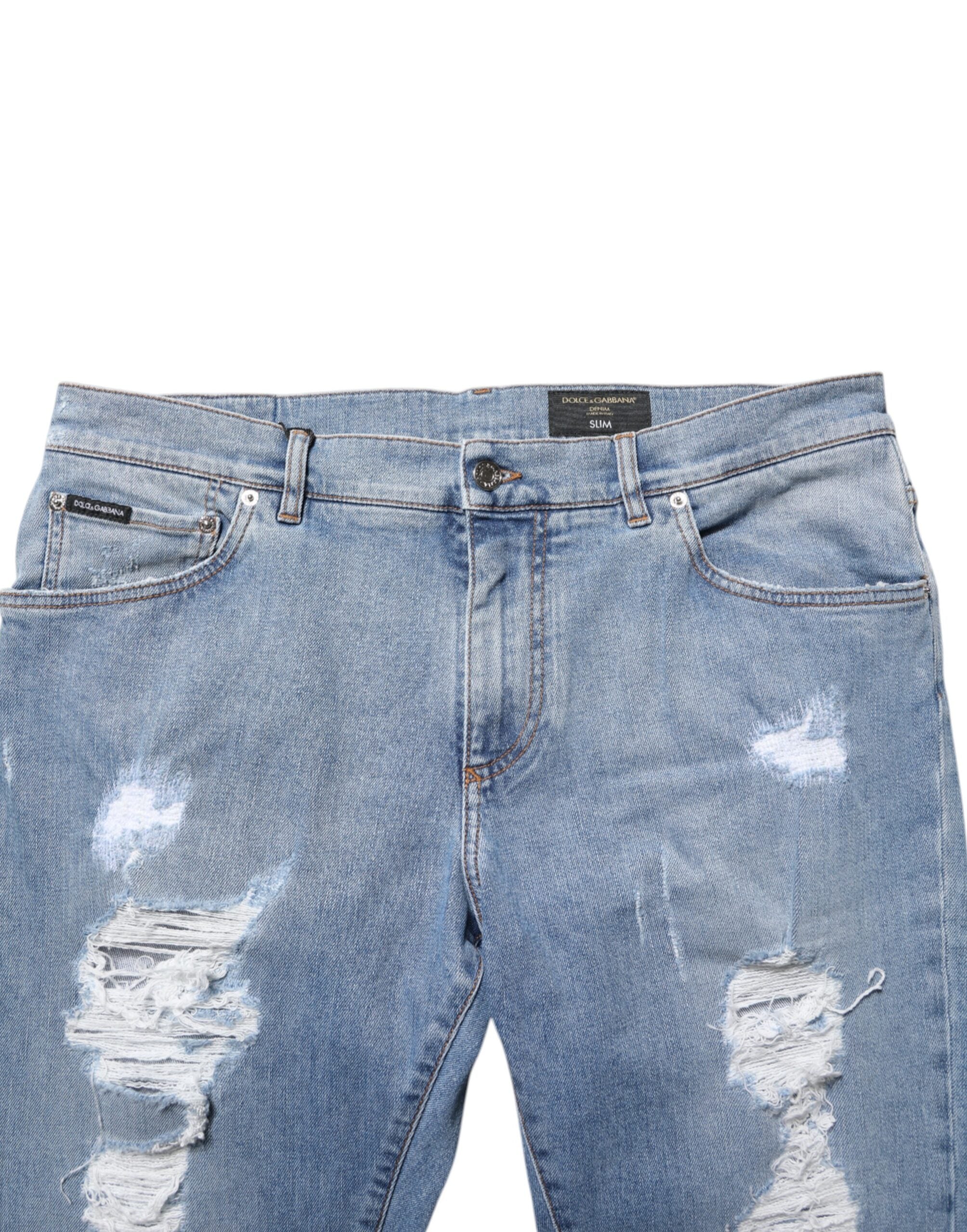Blue Tattered Slim Fit Cotton Denim Jeans