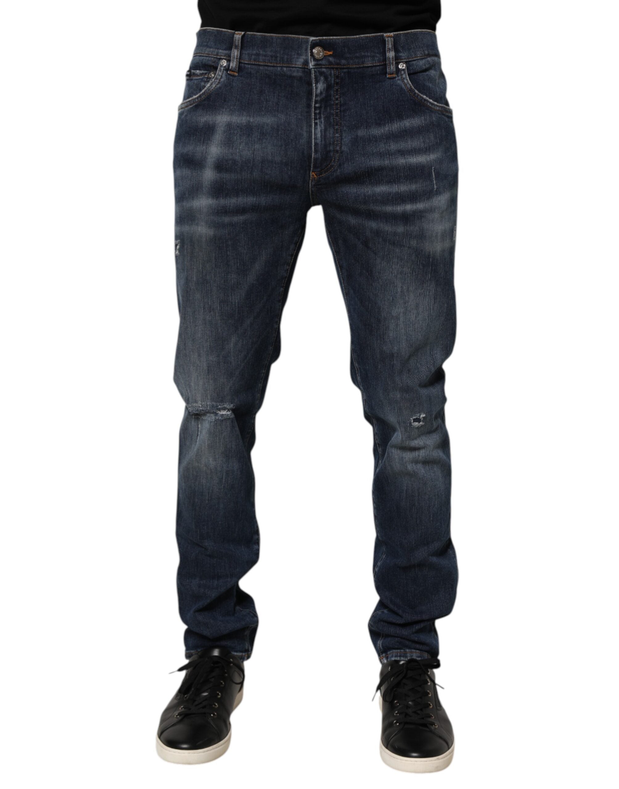 Dark Blue Washed Running Ripped Denim Jeans