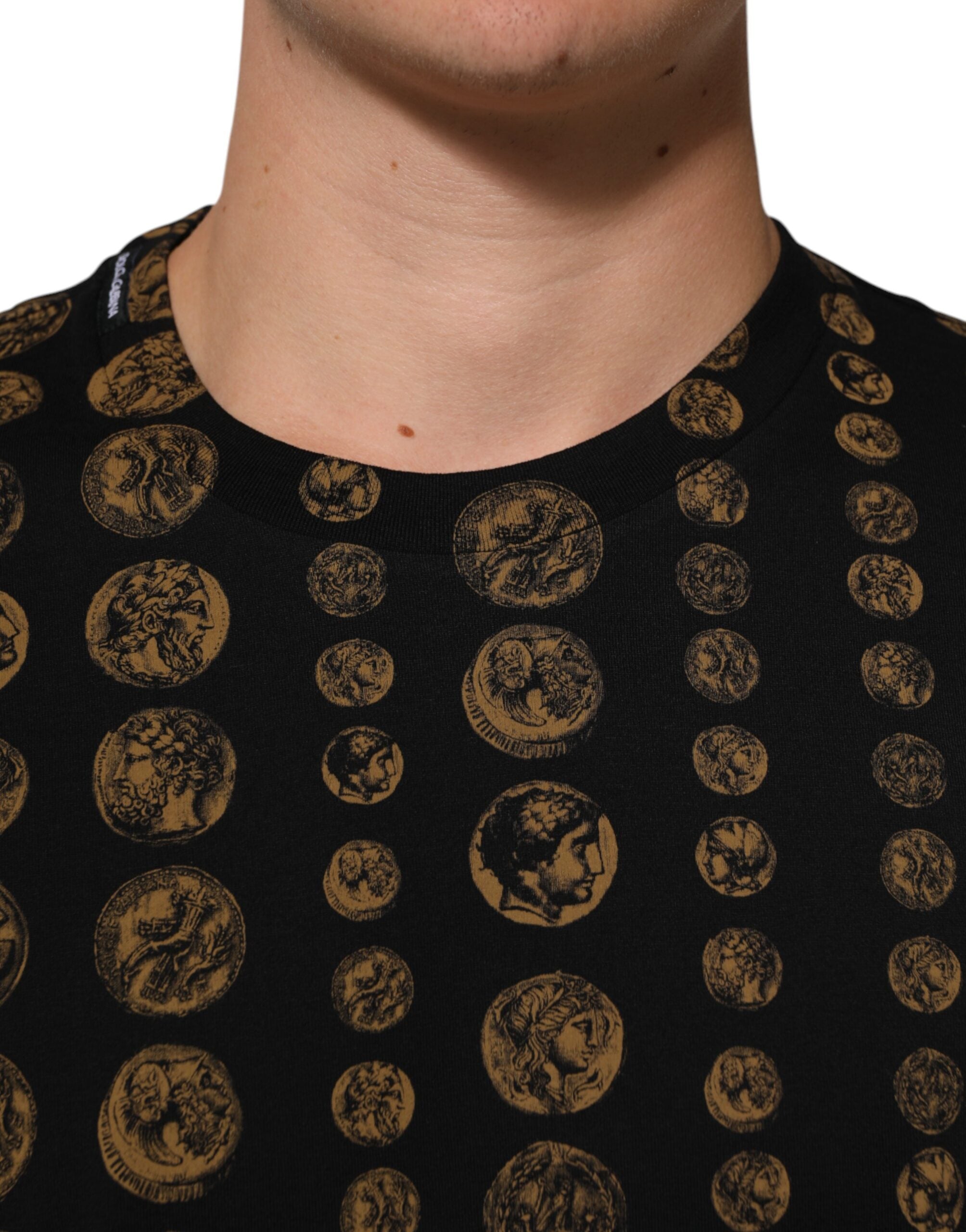 Black Cotton Coin Print Crew Neck T-shirt