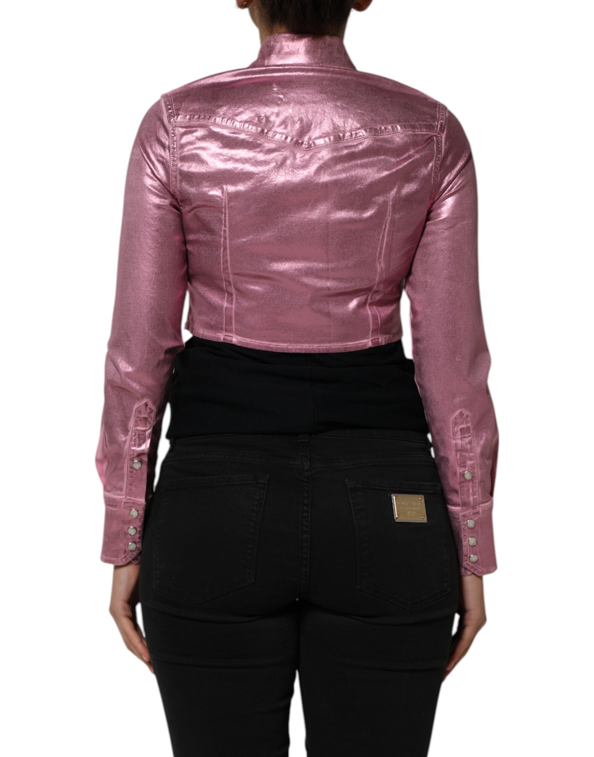 Pink Cotton Stretch Collared Cropped Jacket