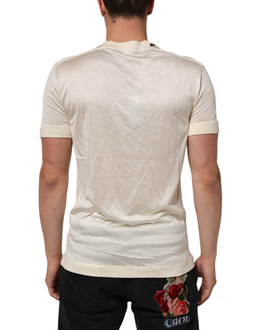 Off White Silk Crew Neck Short Sleeve T-shirt
