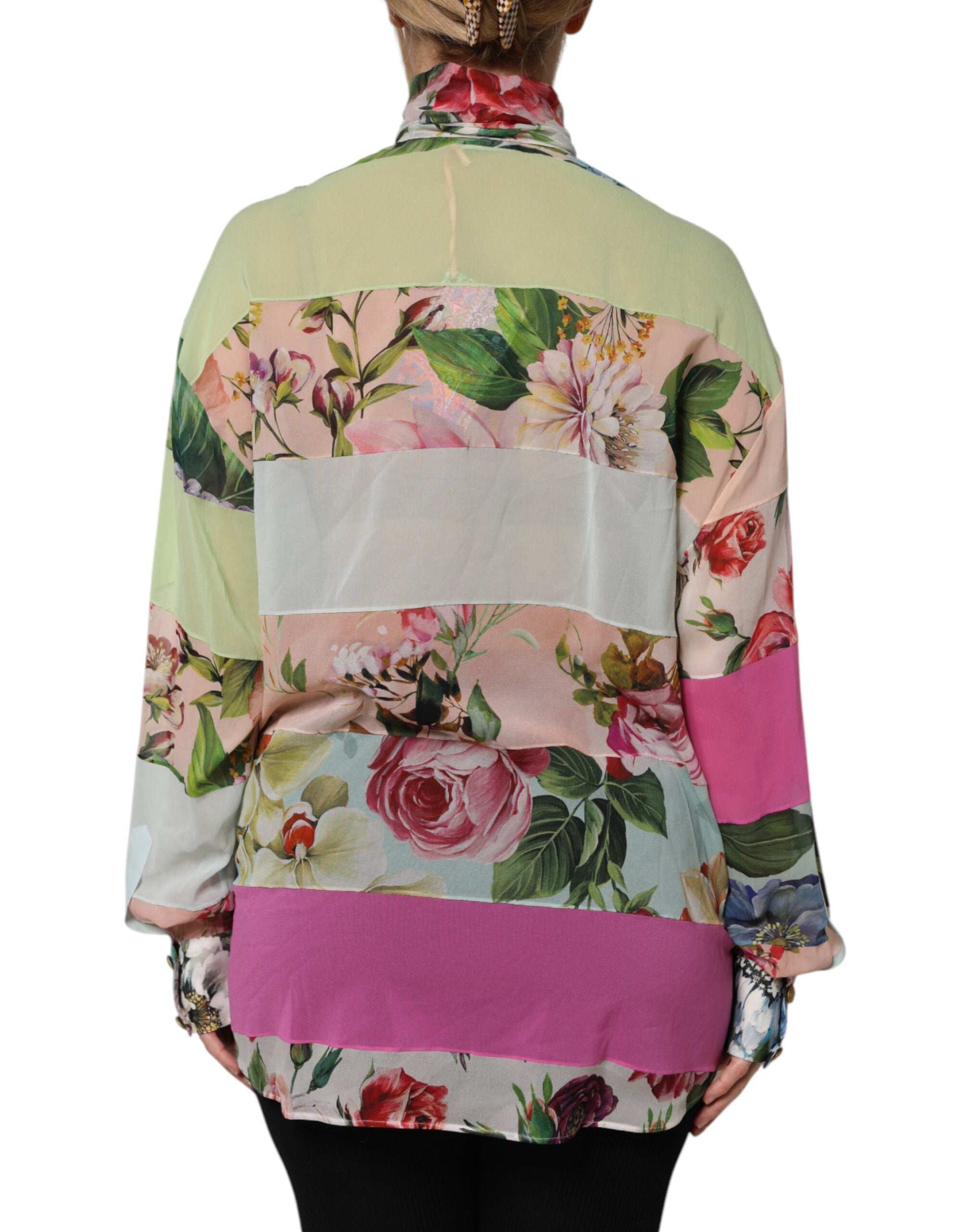 Multicolor Floral Patchwork Ascot Collar Top
