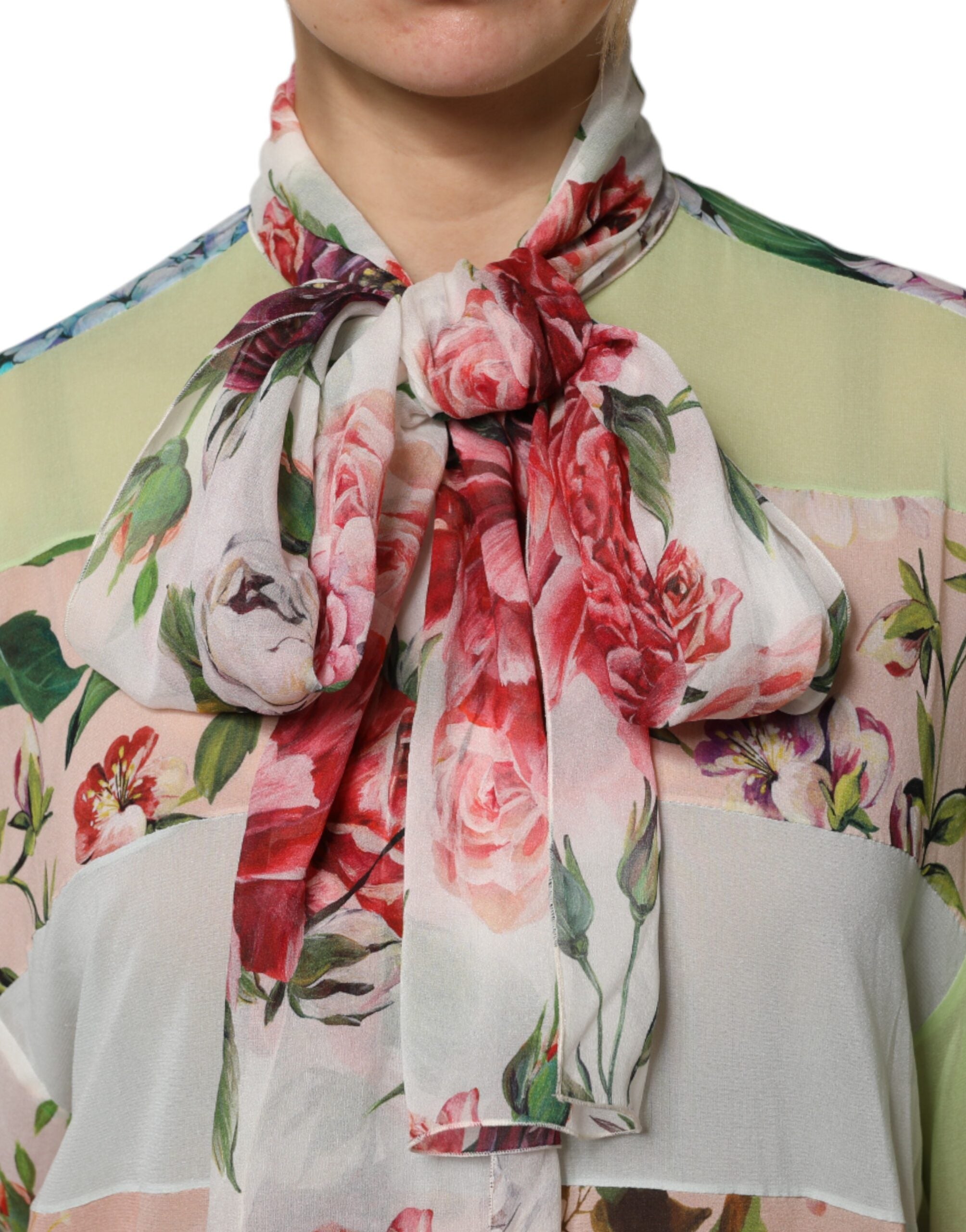 Multicolor Floral Patchwork Ascot Collar Top