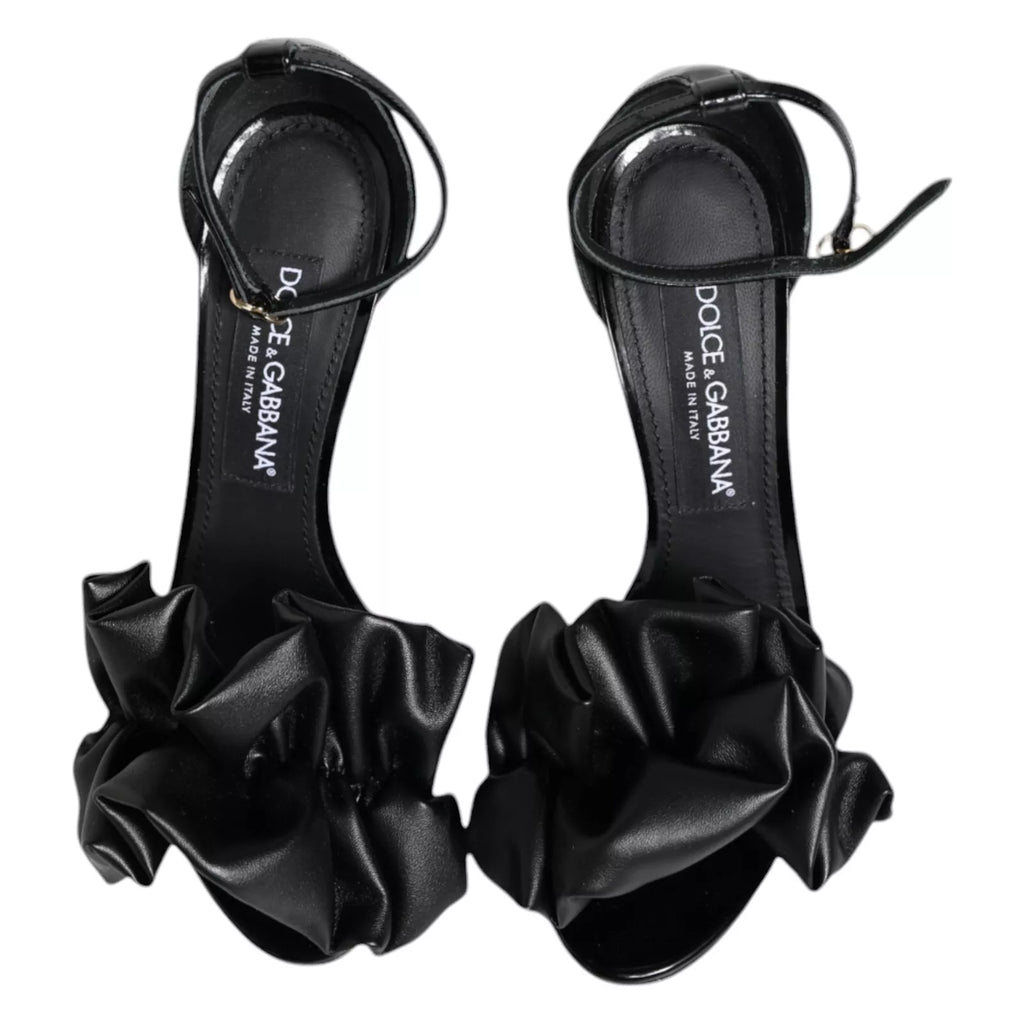 Black Leather Ankle Strap Heel Sandals Shoes