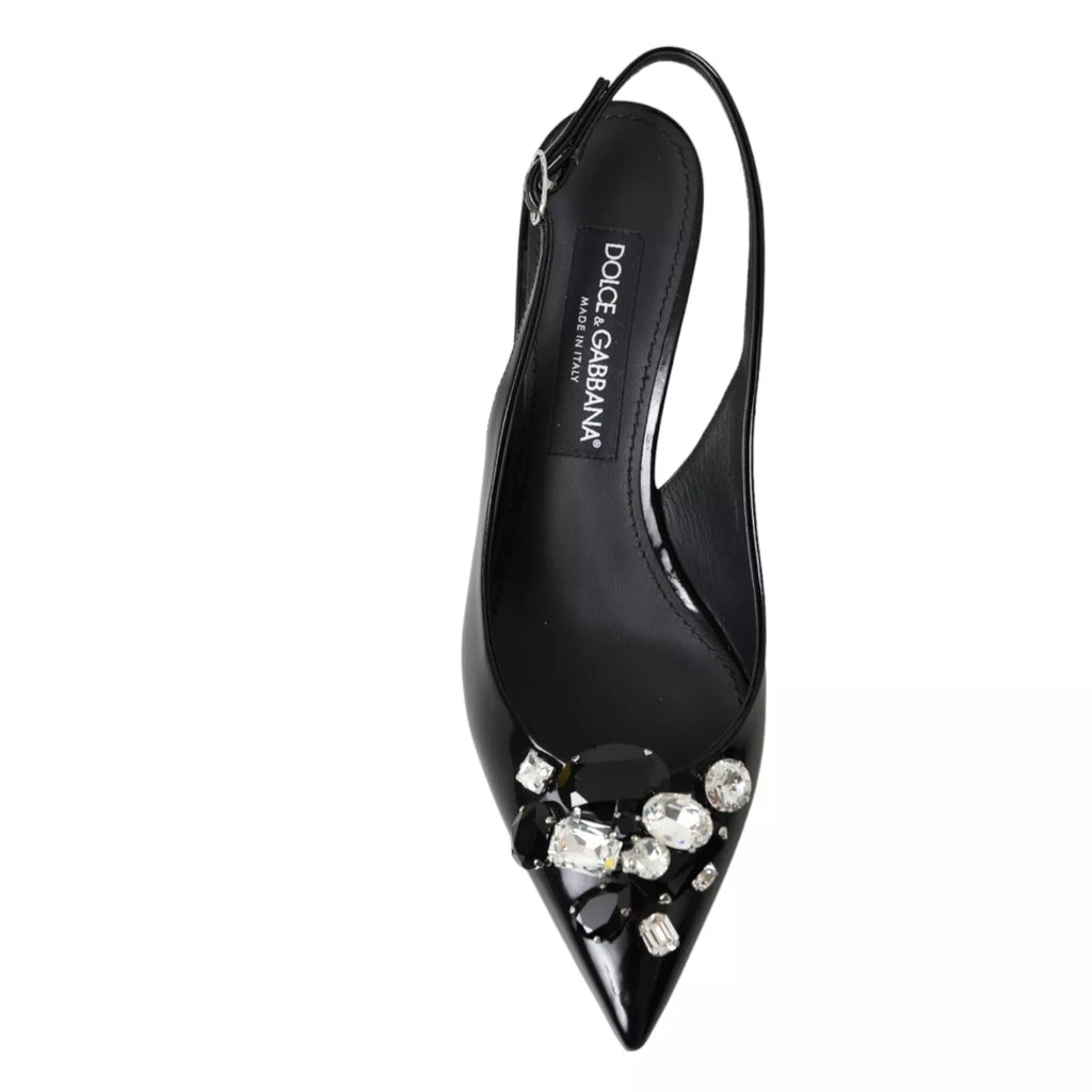 Black Patent Leather Crystal Slingback Shoes