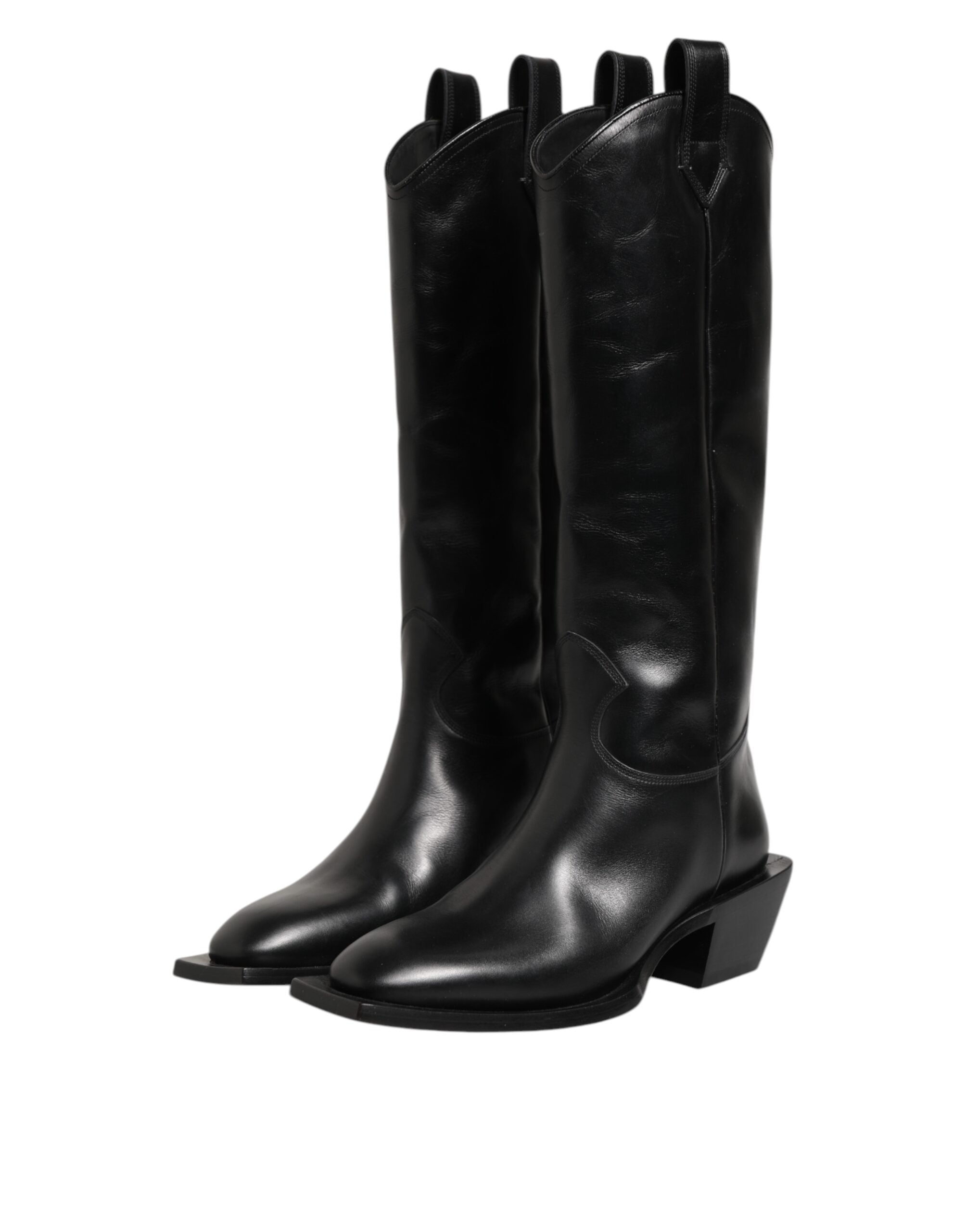 Black Leather Over The Calf Biker Boots Shoes