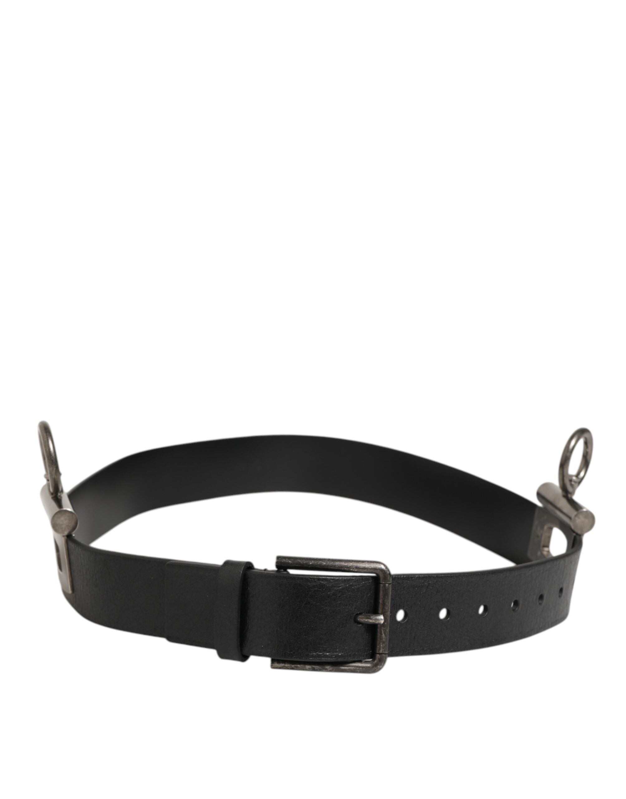 Black Leather Side Rings Brass Buckle Belt