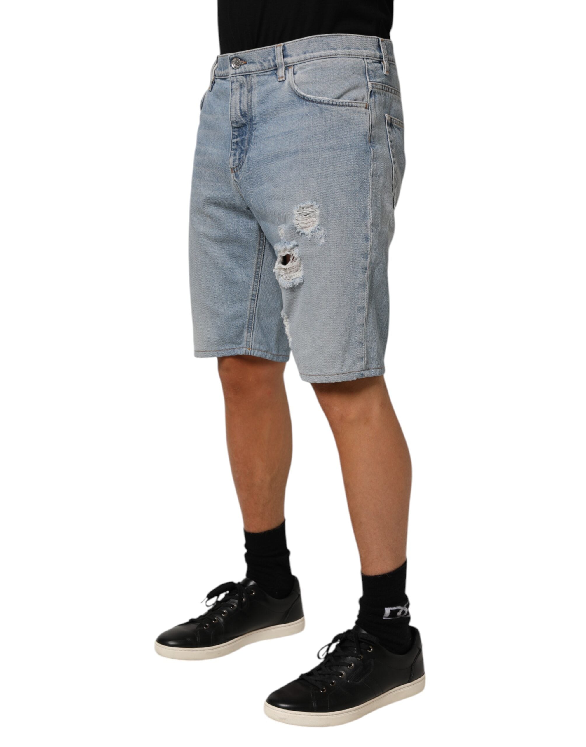 Blue Cotton Distressed Denim Bermuda  Shorts