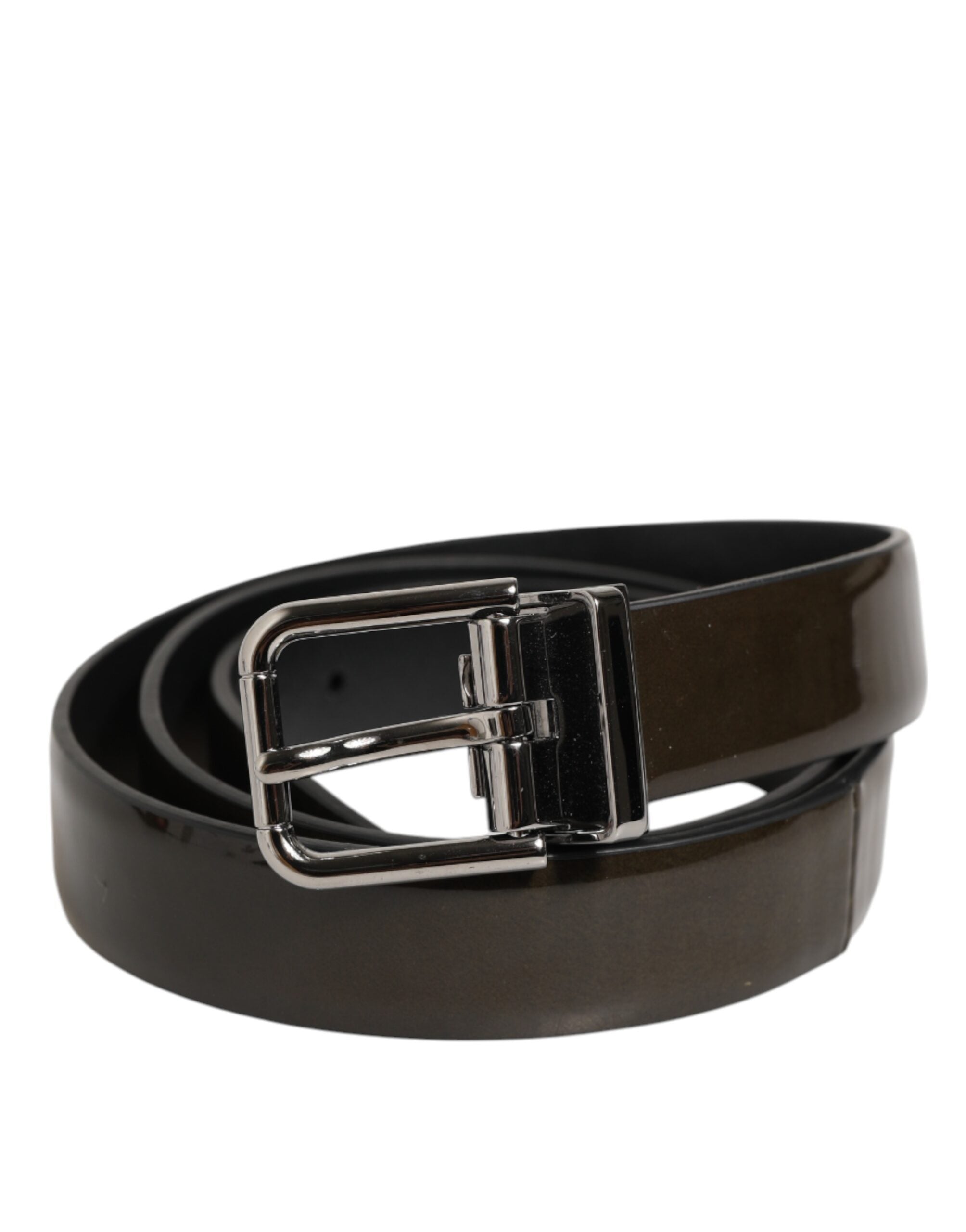 Brown Glossy Leather Classic Metal Buckle Belt