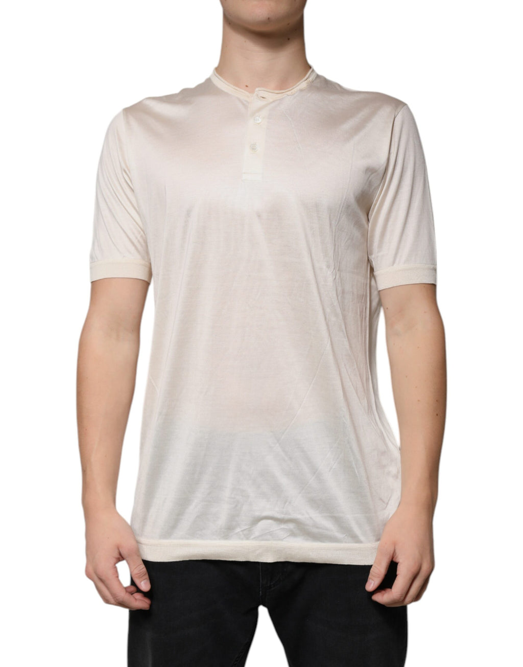 Off White Silk Henley Short Sleeves T-Shirt