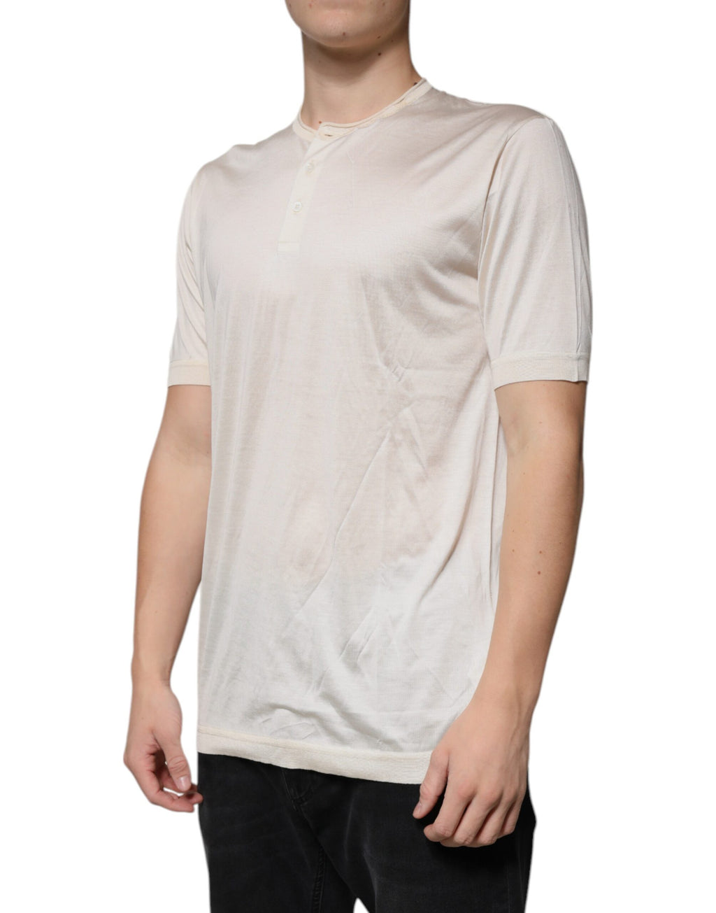 Off White Silk Henley Short Sleeves T-Shirt
