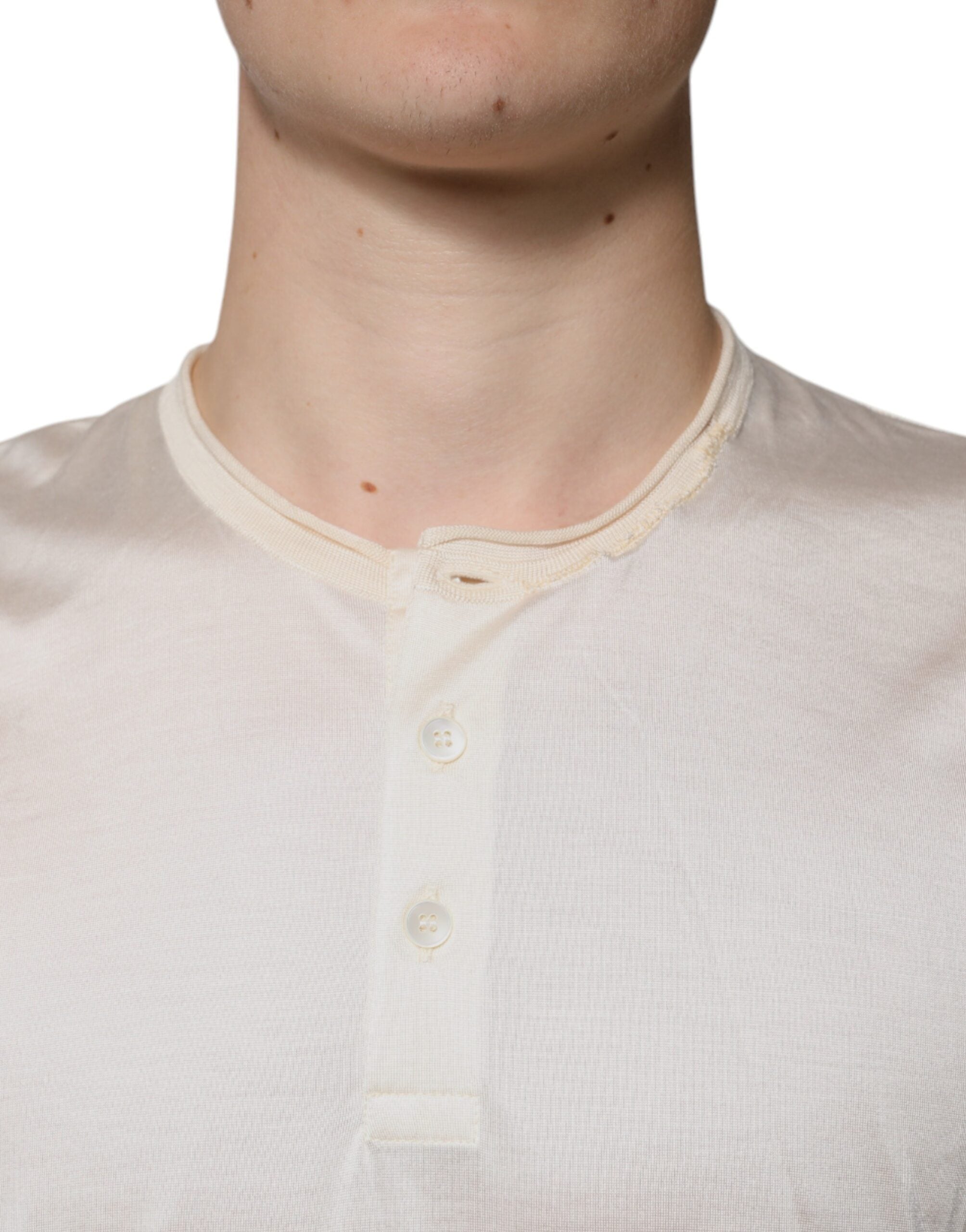 Off White Silk Henley Short Sleeves T-Shirt