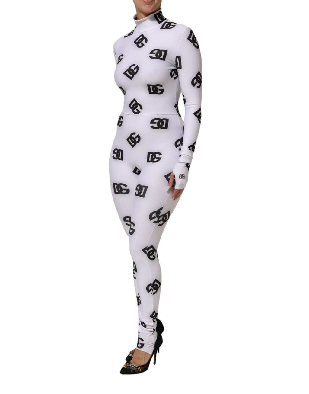 Black White Logo Monogram Long Sleeves Jumpsuit Dress