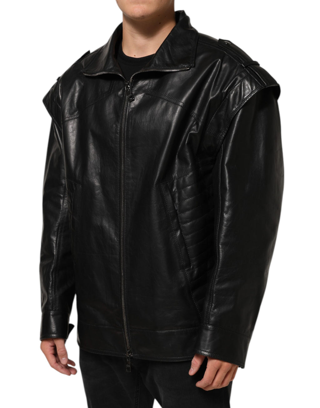 Black Leather Full Zip Biker Blouson Jacket