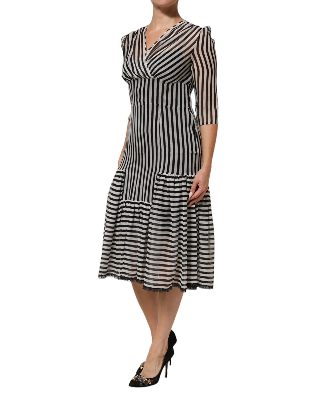 Black White Stripes Silk V-neck Midi Dress