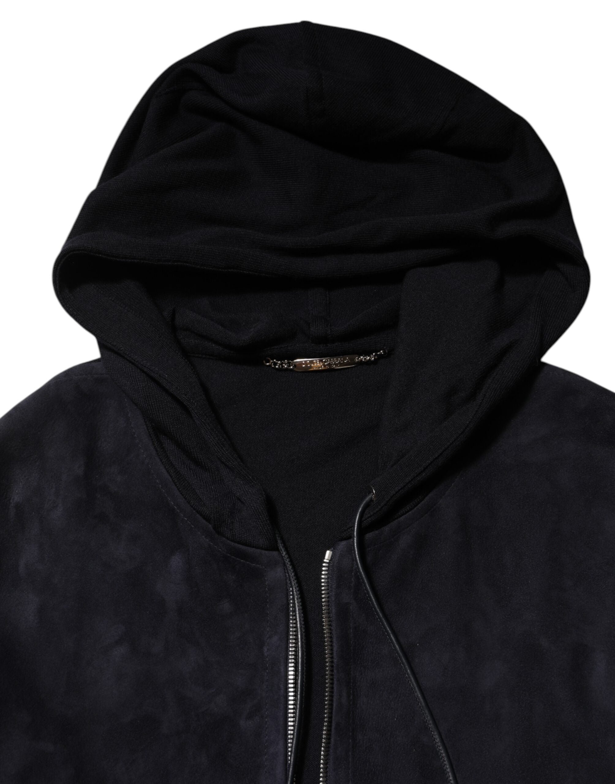 Black Leather Full Zip Hooded Blouson Jacket
