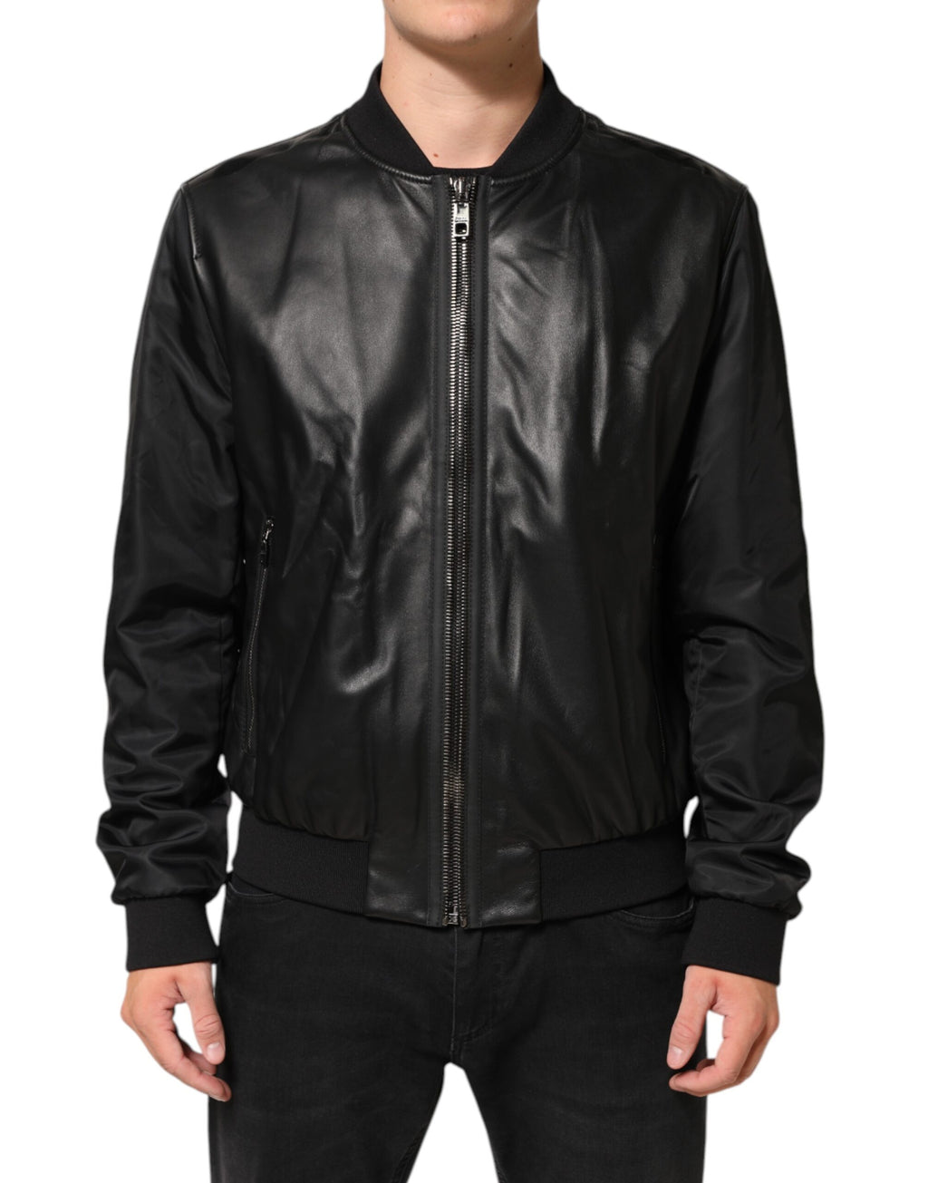 Black Leather Nylon FullZip Blouson Jacket