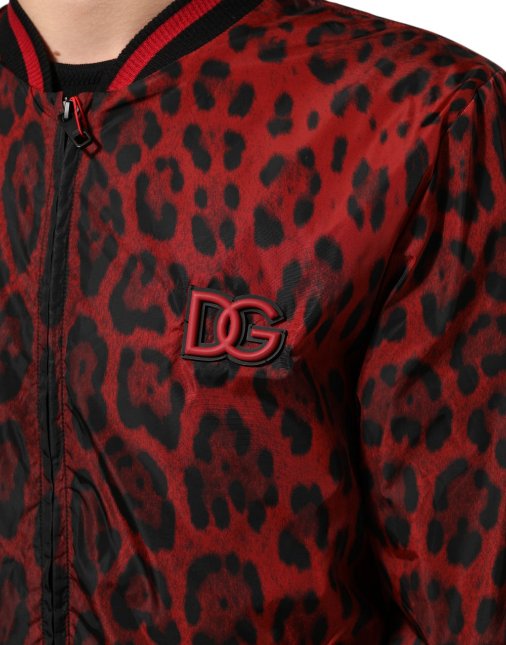 Red Leopard Print Full Zip Bomber Men Jacket