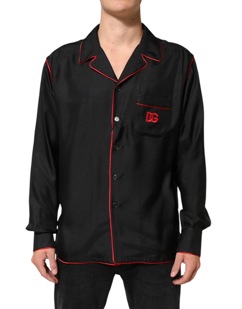 Black Red Contrast Trim Silk Casual Shirt
