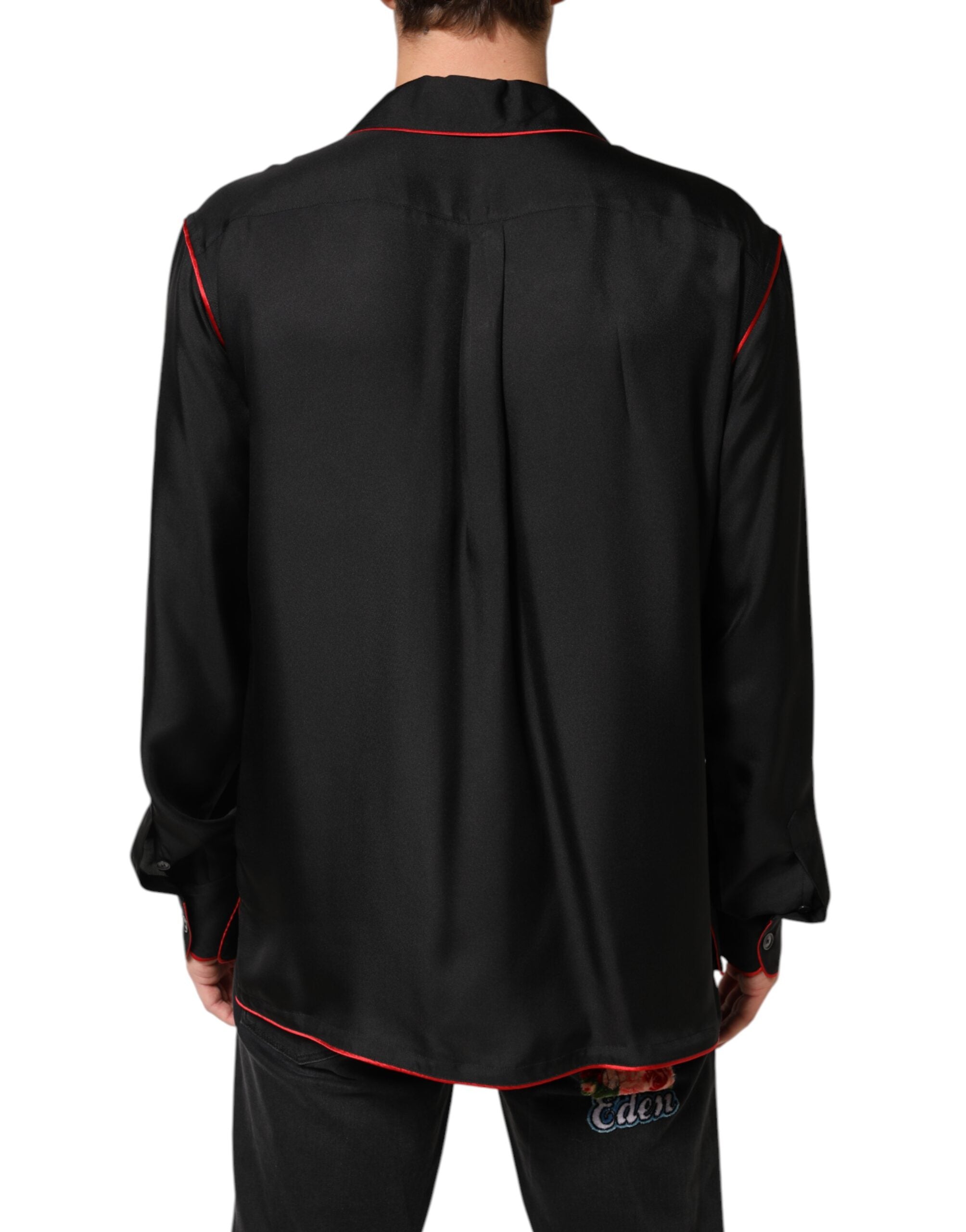 Black Red Contrast Trim Silk Casual Shirt