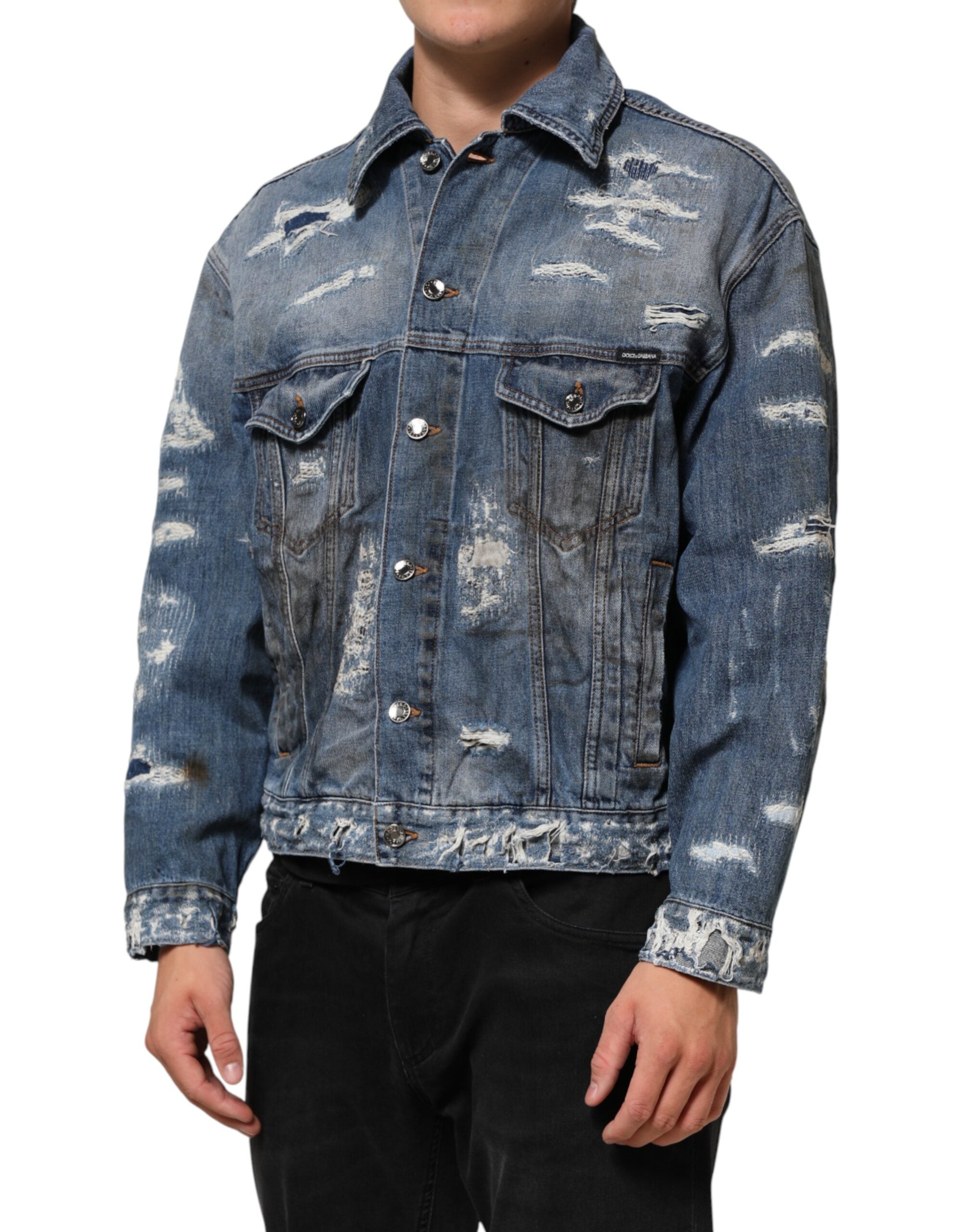 Blue Cotton Tattered Denim Blouson Jacket