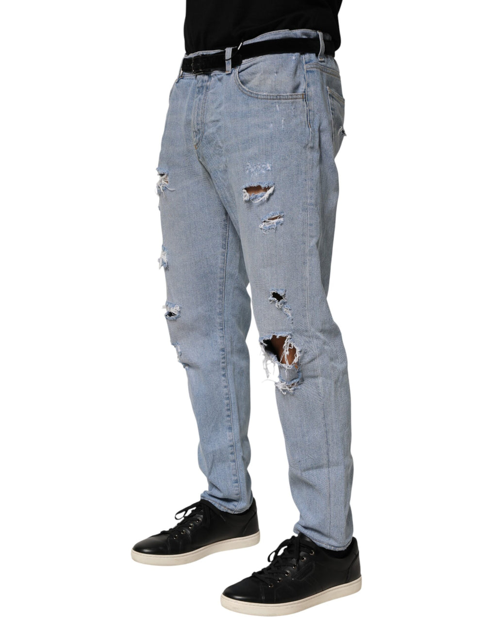 Blue Cotton Distressed Slim Fit Denim Jeans