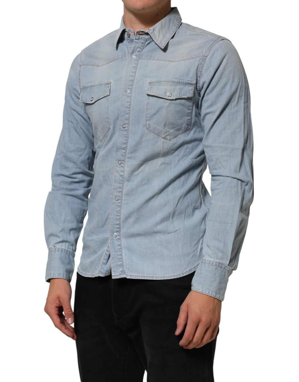Blue Denim Collared Long Sleeve Men Shirt