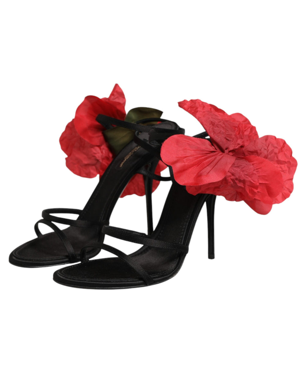 Black Leather Strappy Flower Heels Sandals  Shoes