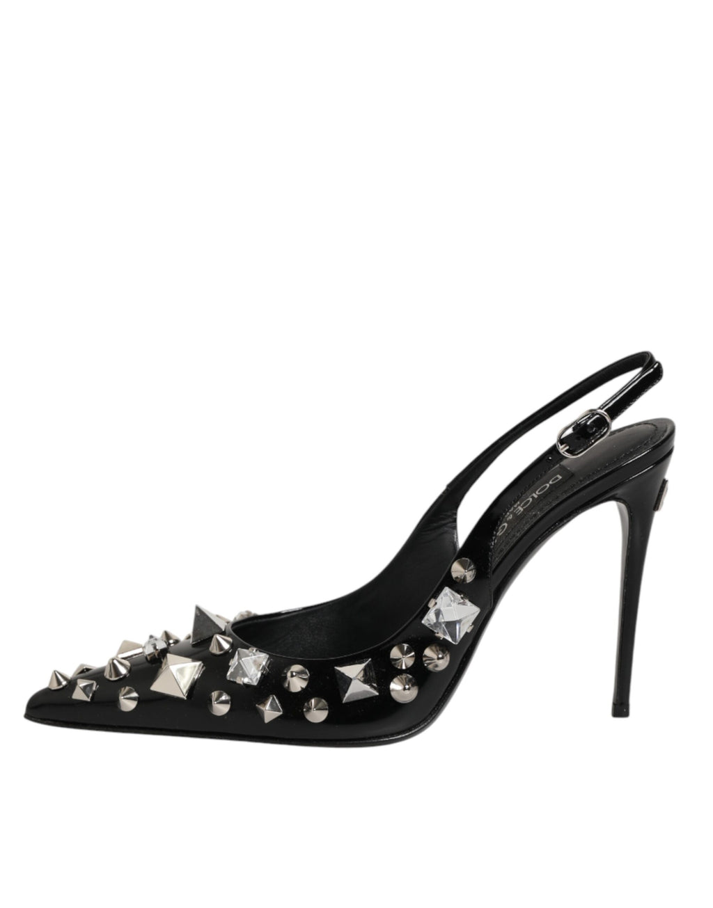 Black Studded Leather Heels Slingbacks Shoes